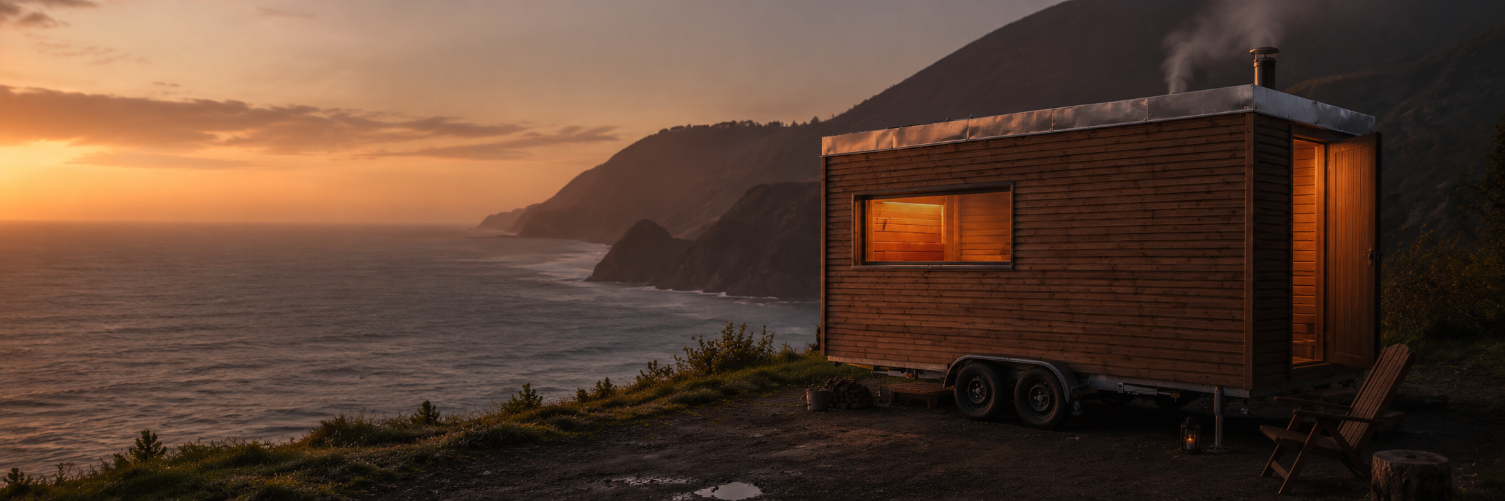 Sauna mobile Fog&Fire au bois installé face à l’océan au coucher du soleil au Pays Basque