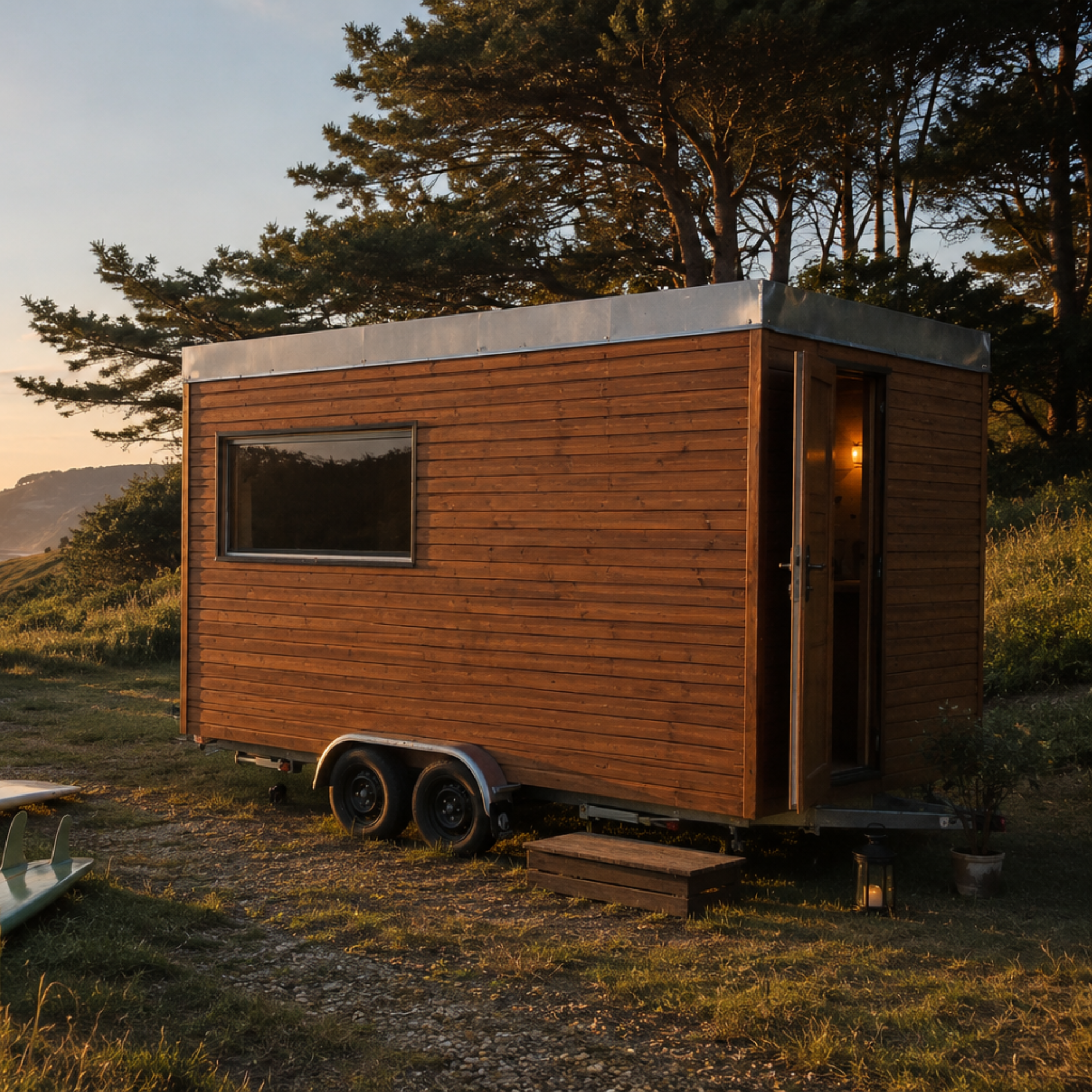 Sauna mobile Fog&Fire au bois installé près de l’océan à Bidart avec planches de surf au coucher du soleil
